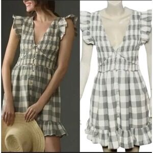 Anthropologie Peregrine Mini Dress Med Smocked Flounce Ruffle Grey Plaid cottage